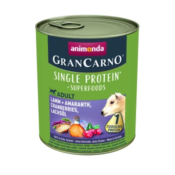 Nourriture pour chien en conserve étiquetée "GranCarno Single Protein + Superfoods" par Animonda, contenant de l'agneau, de l'amarante, des canneberges et de l'huile de saumon.