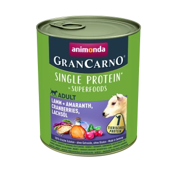 Karma w puszce dla psów oznaczona "GranCarno Single Protein + Superfoods" od Animonda, z jagnięciną, amarantusem, żurawiną i olejem z łososia.