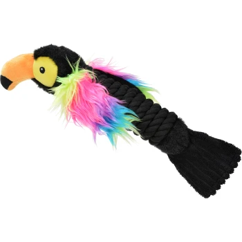 Buntes Plüsch-Tukan-Hundespielzeug mit einem Seilkörper, mit leuchtend pinken, blauen und grünen Federn und einem schwarzen Schwanz.
