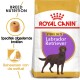 Royal Canin Sterilised Labrador Retriever hondenvoer zak, met een illustratie van een bruine Labrador, met tekst over voeding voor het ras en portiecontrole.