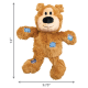 Jouet en peluche ours brun pour chien avec accents de patchs bleus, visage souriant et nez noir ; l'image indique une hauteur de 12 pouces et une largeur de 9.75 pouces.