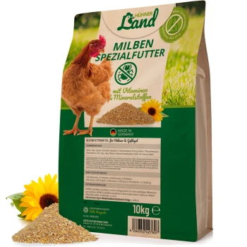 10 kg Beutel "Hühner Land Milben Spezialfutter" Hühnerfutter, mit einer braunen Henne und Text über Vitamine und Mineralien.