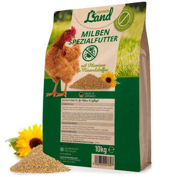 10 kg Beutel "Hühner Land Milben Spezialfutter" Hühnerfutter, mit einer braunen Henne und Text über Vitamine und Mineralien.