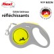 Laisse rétractable pour chien Flexi en gris et jaune fluo, avec des côtés réfléchissants, un logo et le texte 'Made in Germany.'