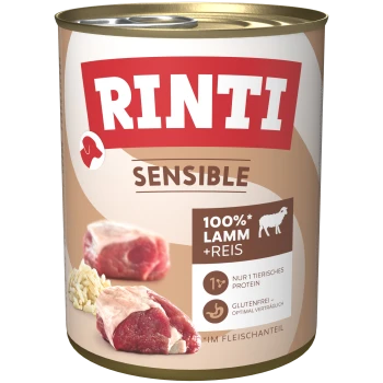 Dosen-Hundefutter mit der Aufschrift 'Rinti Sensible', das 100% Lamm und Reis enthält, mit Bildern von Fleisch und Reiskörnern und dem Hinweis auf glutenfrei.