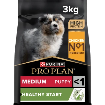 Sac de nourriture pour chiens Purina Pro Plan de 3 kg avec un chiot sur le devant. Points forts : "Haute teneur en protéines," "Poulet n° 1," "Chiot moyen," "Démarrage sain."