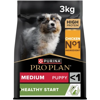 3 kg Purina Pro Plan Hundefutterbeutel mit einem Welpen auf der Vorderseite. Höhepunkte: "Hoher Proteingehalt," "Huhn Nr. 1," "Mittelgroßer Welpe," "Gesunder Start."