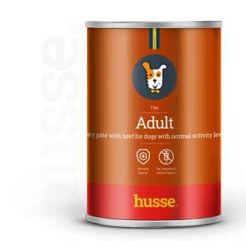 Dosen-Hundefutter mit der Aufschrift 'Erwachsene' mit Rindfleisch, mit Immununterstützung und ohne künstliche Farben oder Aromen, von Husse.