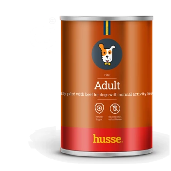Dosen-Hundefutter mit der Aufschrift 'Erwachsene' mit Rindfleisch, mit Immununterstützung und ohne künstliche Farben oder Aromen, von Husse.