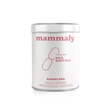 Weißer Metalldose mit Mammaly Probiotika-Tropfen für die Darmflora mit deutschem Text und Kapselillustration.