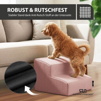 Braunes Welpe auf pinken Haustiertreppen neben der Couch, Einsatz zeigt schwarze rutschfeste Unterseite; sichtbarer Text 'ROBUST & RUTSCHFEST'.