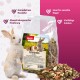 Ein verspielter Hase neben einem Sack PANTO Naturgenuss Tierfutter, das sein getreidefreies Rezept und die bunten Zutaten für empfindliche Haustiere zeigt.