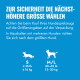Blaues deutsches Etikett mit der Aufschrift „Zur Sicherheit die nächsthöhere Größe wählen“ und Größentabelle für Hunde: S ≤35 lb (≤16 kg) und M/L 30–65 lb (13–30 kg).
