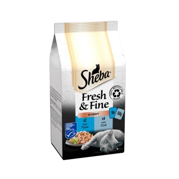 Sheba Fresh & Fine cat food packaging, featuring a gray cat, with 6 pouches (50g each) of tuna and cod in gravy.