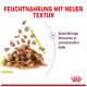 Feuchtfutter mit neuer Textur, zeigt gleichförmige Stückchen in schmackhafter Soße, mit rotem und grünem Text.