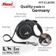 Black flexi retractable dog leash with ergonomic grip, sturdy tape, and a comfortable braking system; features a connection slot for flexi Multi Box.