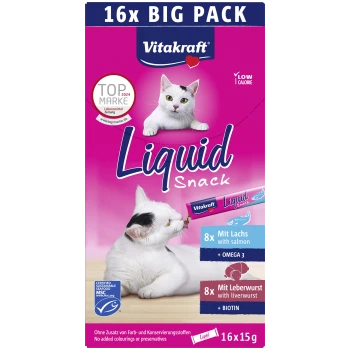 Friandises liquides Vitakraft Liquid Snack pour chats, paquet de 16x15g, 8 au saumon + oméga 3, 8 au pâté de foie + biotine, faible en calories.