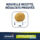 Croquettes pour animaux de compagnie sur une règle, étiquetées "Nouvelle recette, résultats prouvés," avec "DIETS VÉTÉRINAIRES AVANCÉS" et "HYPOALLERGENIQUE."