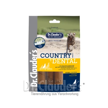 Dr. Clauder's Country Dental Snack für Hunde mittlerer Rassen, mit einem Hund auf der Verpackung, mit Text, der Zahnpflege und Hühnergeschmack hervorhebt.