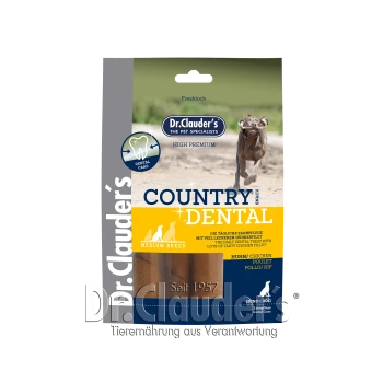 Dr. Clauder's Country Dental Snack für Hunde mittlerer Rassen, mit einem Hund auf der Verpackung, mit Text, der Zahnpflege und Hühnergeschmack hervorhebt.