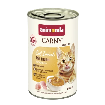 Dose Animonda CARNY Cat Drink 'Mit Huhn' (140 ml), orangefarbene Katze leckt sich die Lippen neben einer Schale mit Brühe.
