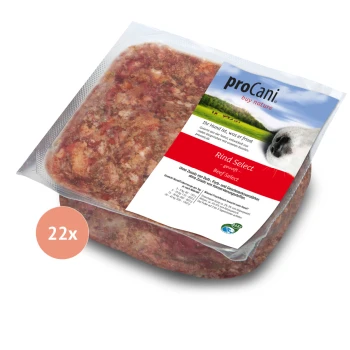 Verpackung von proCani Hundefutter mit "Rind Select" (Rindfleisch Select) mit einem Foto eines Hundes und einer grünen Landschaft, gekennzeichnet für 22 Portionen.