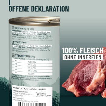 Hunde Nassfutter - Wildschwein PUR 6x400 g Dosen mit REAVET Wildschwein Pur hypoallergenem Hundefutter mit Wildschweinfleisch, Einzelprotein, getreide- und zuckerfrei, 400 g.