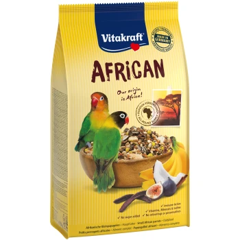 Heimatfutter African Agaporniden 750 g Bunte Vitakraft-Afrikanische Vogelfuttertüte mit zwei Papageien, gemischten Samen, Früchten und Nüssen. Der Text hebt "AFRIKANISCH" und Nahrungsansprüche hervor.