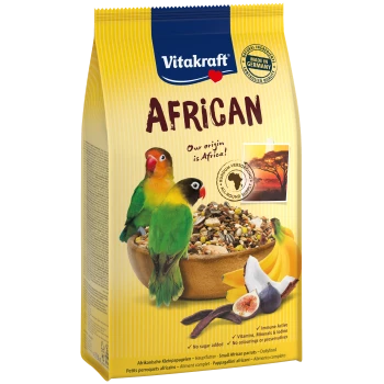 Bunte Vitakraft-Afrikanische Vogelfuttertüte mit zwei Papageien, gemischten Samen, Früchten und Nüssen. Der Text hebt "AFRIKANISCH" und Nahrungsansprüche hervor.