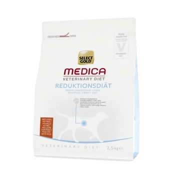 Select Gold Medica Veterinärdiät Tasche für Hunde, 2,5 kg, beschriftet mit 'Reduktionsdiät' und Nährwertangaben.