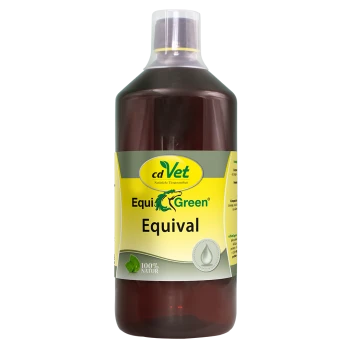 Braune Flasche mit der Aufschrift "cdVet EquiGreen Equival" auf gelbem Etikett, Tropfen-Symbol und dem Text "100% NATUR".