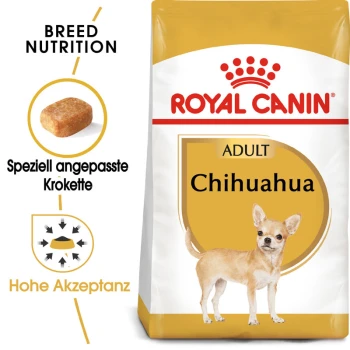 Chihuahua Adult 1.5 kg Royal Canin Adult Chihuahua Hundefutterbeutel mit einer Chihuahua-Illustration, mit Text, der die Ernährungsbedürfnisse der Rasse und speziell angepasste Kroketten hervorhebt.