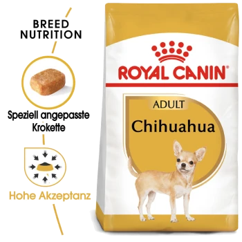 Royal Canin Adult Chihuahua Hundefutterbeutel mit einer Chihuahua-Illustration, mit Text, der die Ernährungsbedürfnisse der Rasse und speziell angepasste Kroketten hervorhebt.
