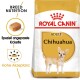 Royal Canin Adult Chihuahua Hundefutterbeutel mit einer Chihuahua-Illustration, mit Text, der die Ernährungsbedürfnisse der Rasse und speziell angepasste Kroketten hervorhebt.
