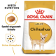 Royal Canin Adult Chihuahua Hundefutterbeutel mit einer Chihuahua-Illustration, mit Text, der die Ernährungsbedürfnisse der Rasse und speziell angepasste Kroketten hervorhebt.