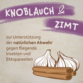 Etikett für ein Haustierprodukt mit Knoblauch und Zimt, das natürlichen Schutz gegen fliegende Insekten und Ektoparasiten fördert.