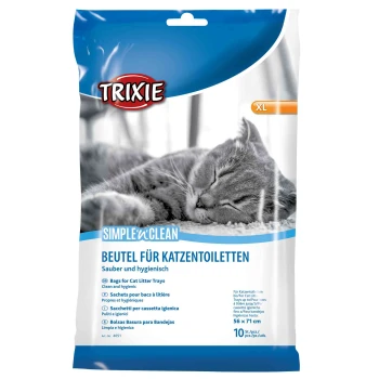 Simple'n'Clean Beutel für Katzentoiletten XL Verpackung von Trixie Simple'n'Clean Katzenstreu-Tüten mit einer schlafenden grauen Katze, mit Text in mehreren Sprachen über Hygiene und Größe.
