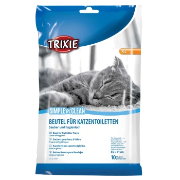 Verpackung von Trixie Simple'n'Clean Katzenstreu-Tüten mit einer schlafenden grauen Katze, mit Text in mehreren Sprachen über Hygiene und Größe.