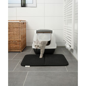 Eine graue Katze, die aus einer weißen Katzentoilette auf eine schwarze Matte tritt, mit einem Korb und einem Fenster im Hintergrund.