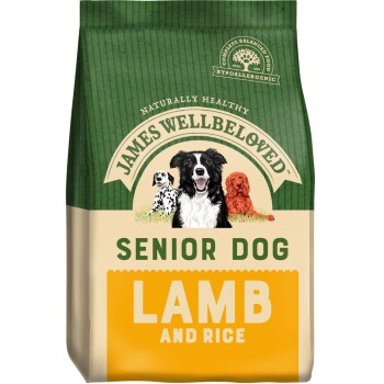 Bag of James Wellbeloved Senior Dog food featuring lamb and rice, with illustrations of three dogs on the front.