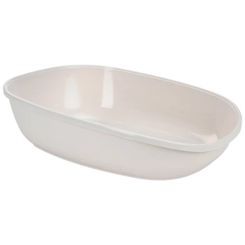 Eine einfache, oval geformte Fressschüssel für Haustiere in einem sanften Beigeton, mit glatten Kanten und glänzender Oberfläche.