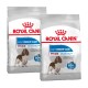 Deux sacs de nourriture pour chiens Royal Canin Light Weight Care pour races moyennes, avec une illustration de chien brun et des avantages pour la gestion du poids.