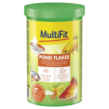 MultiFit Pond Flakes fish food for ornamental pond fish, 5 types of flakes, with vitamins, 150g container.