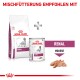 Royal Canin veterinärmedizinisches Nieren-Hundefutter, mit einem Beutel Trockenfutter und einer Dose Mousse, mit dem Text "Mischfütterung empfohlen mit."