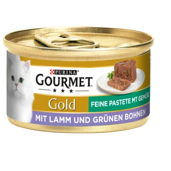 Purina Gourmet Gold Katzenfutterdose mit einem weißen Katzenetikett, mit "Feine Pastete mit Gemüse" und "Mit Lamm und grünen Bohnen."