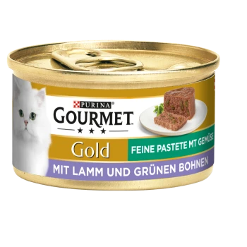 Purina Gourmet Gold Katzenfutterdose mit einem weißen Katzenetikett, mit "Feine Pastete mit Gemüse" und "Mit Lamm und grünen Bohnen."