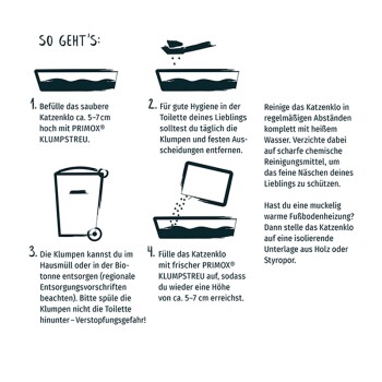 Anleitung zur Verwendung von PRIMOX® Klumpstreu für Katzen, einschließlich Befüllung der Katzentoilette, täglicher Pflege, Entsorgung von Klumpen und Reinigungstipps.