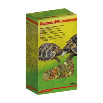 Schachtel mit "Testudo Mix" Schildkrötenfutter, die zwei Schildkröten auf der Vorderseite zeigt, mit einem transparenten Fenster, das die bunte Mischung im Inneren zeigt.