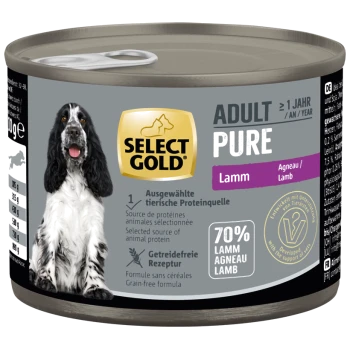 Select Gold Adult Pure Lamb Hundefutterdose, 70 % Lamm, getreidefreie Formel, mit Bild eines schwarz-weißen Hundes auf dem Etikett.