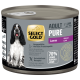 Select Gold Adult Pure Lamb Hundefutterdose, 70 % Lamm, getreidefreie Formel, mit Bild eines schwarz-weißen Hundes auf dem Etikett.